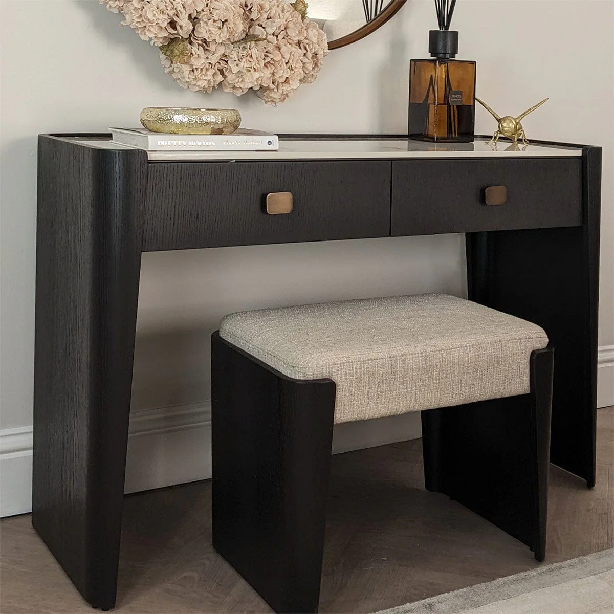 Adalynn Deep Brown Wooden 2 Drawer Dressing Table with Faux Marble Top