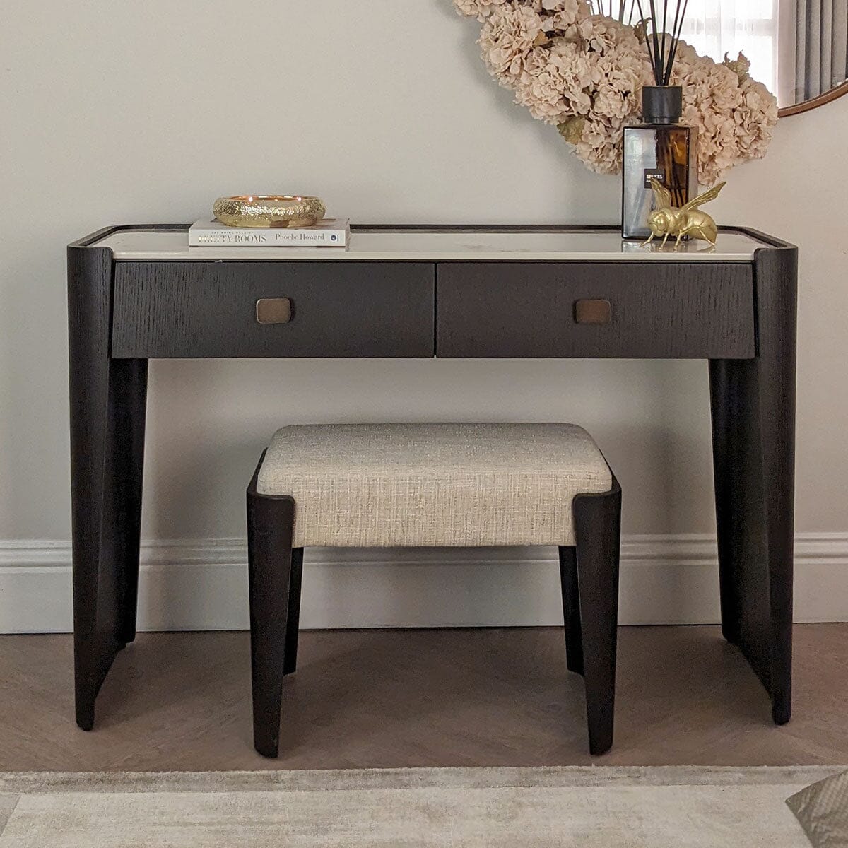 Adalynn Deep Brown Wooden 2 Drawer Dressing Table with Faux Marble Top - Image 2