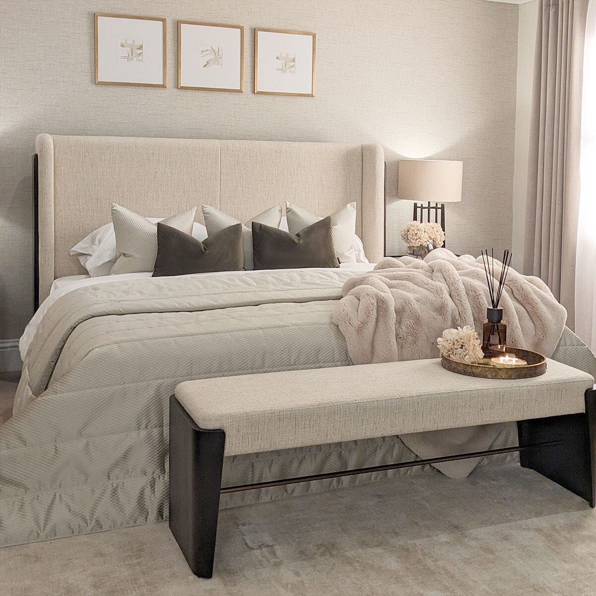 Adalynn Natural Textured Fabric Bed with Deep Brown Wooden Detail - Image 2
