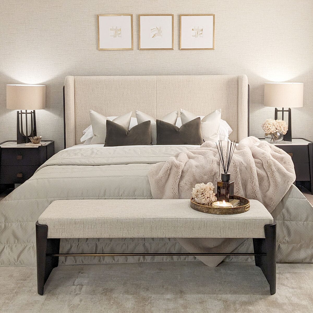 Adalynn Natural Textured Fabric Bed with Deep Brown Wooden Detail - Image 3