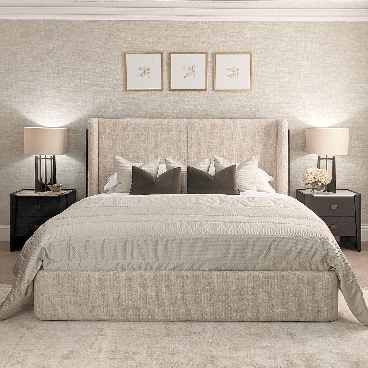 Adalynn Natural Textured Fabric Bed with Deep Brown Wooden Detail - Image 4
