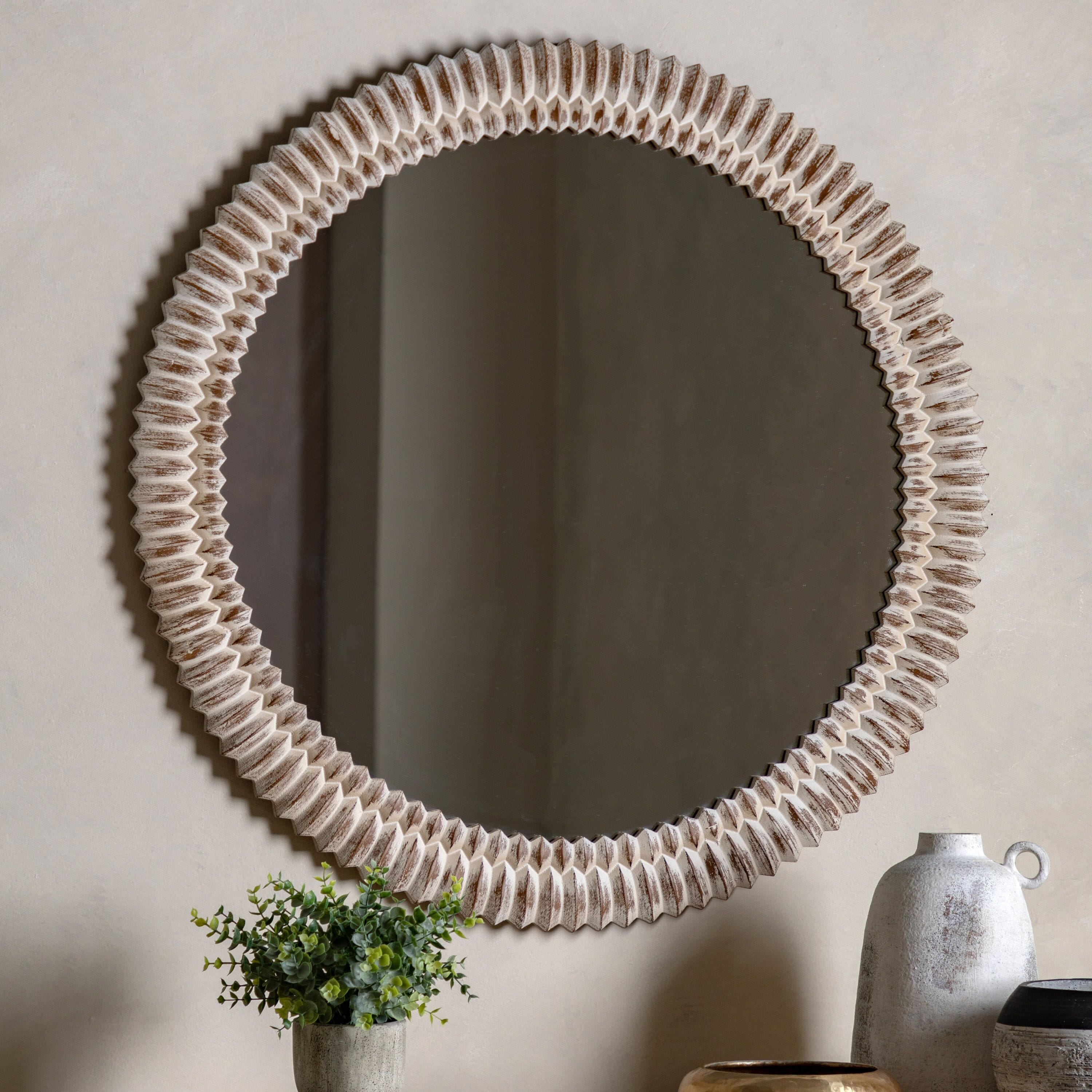 Agara Round White Wash Distressed Textured Mirror