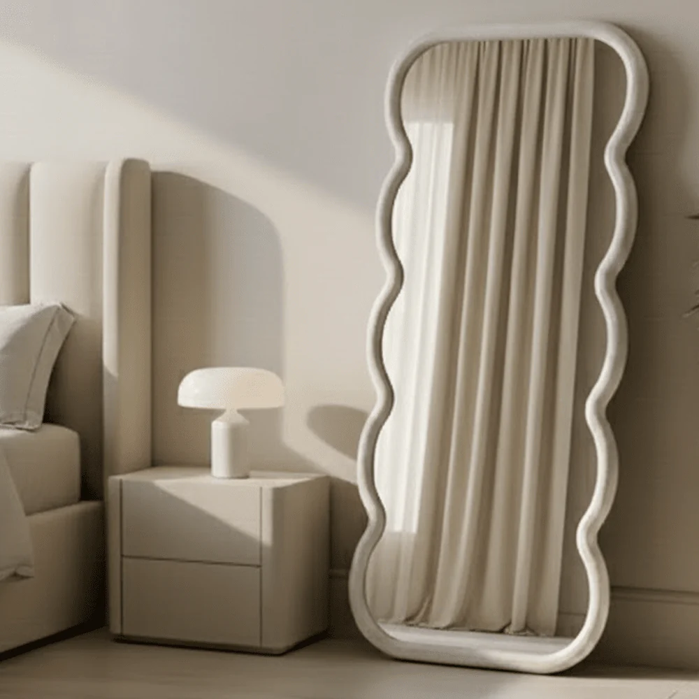 Amina Floor Standing White Concrete Effect Wave Effect Mirror