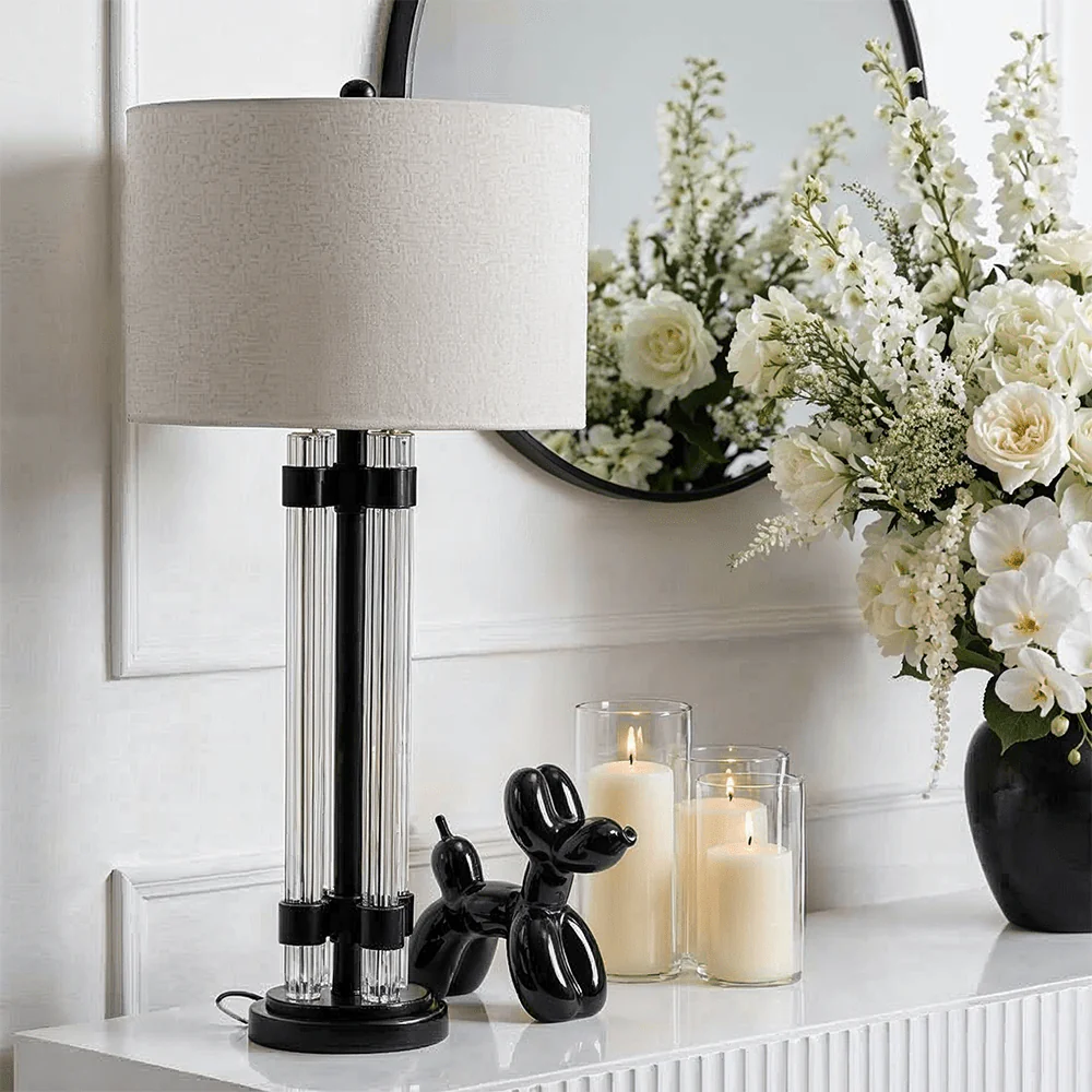 Ashford Black & Glass Table Lamp with Ivory Shade