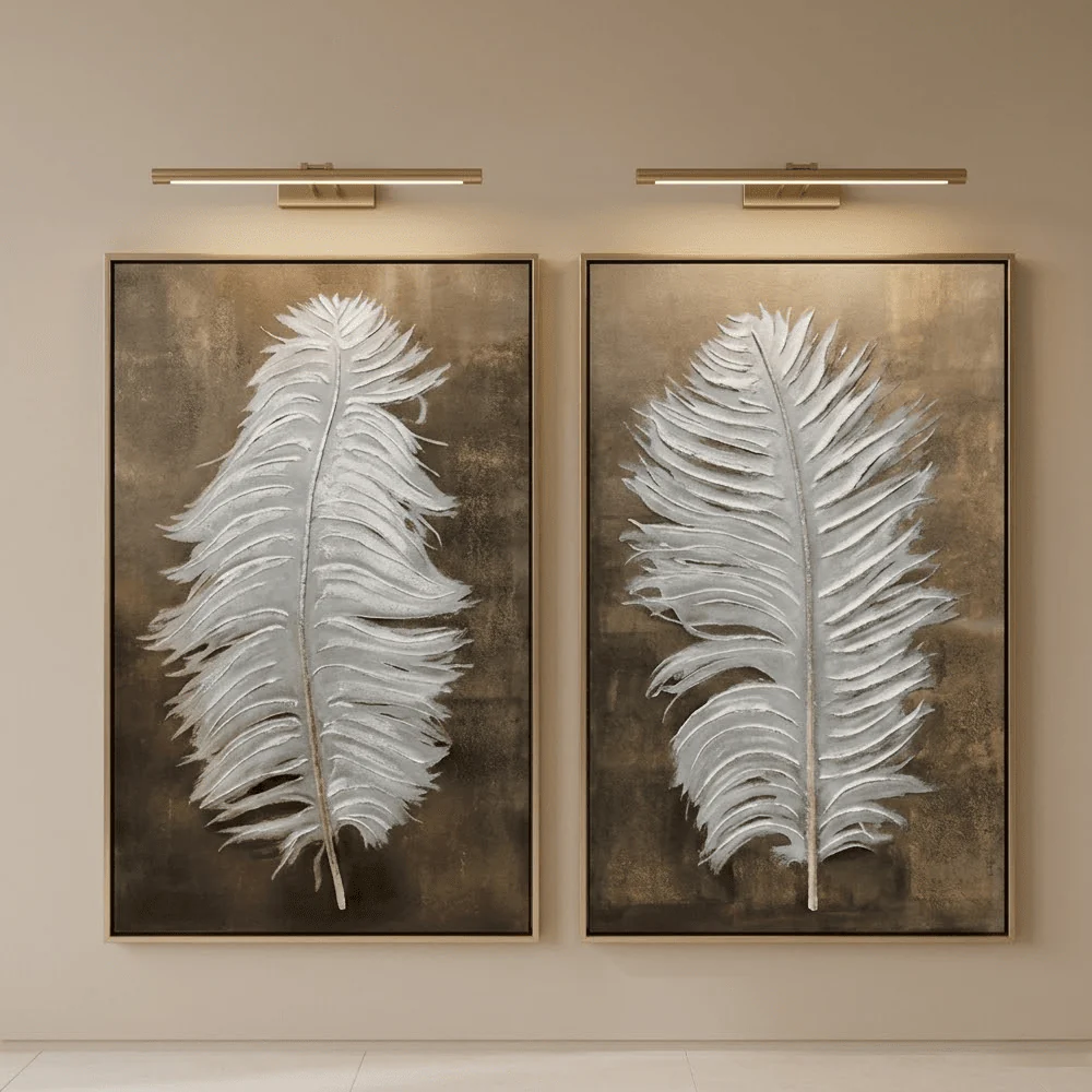 Asteria White Feather Canvas Wall Art with Gold Frame - Set of 2
