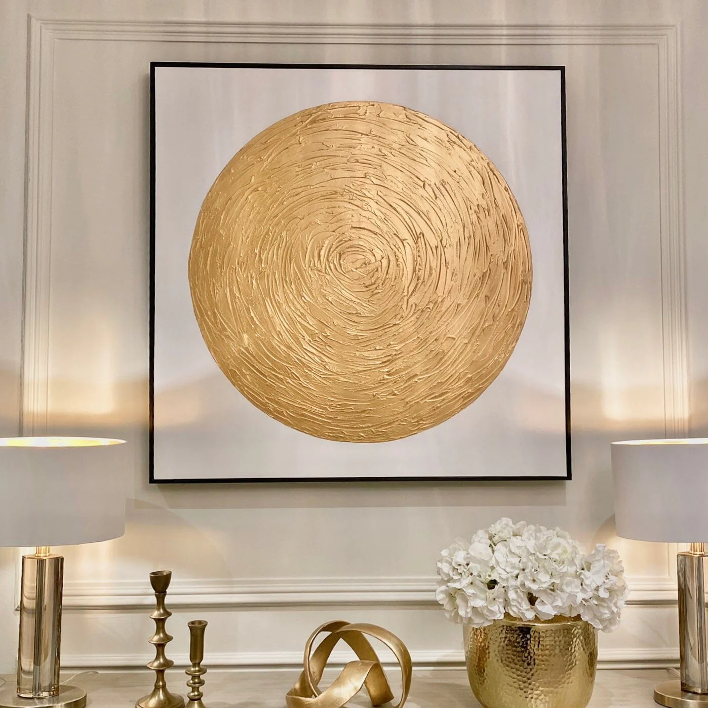 Astratto Gold Textured Circle Canvas Wall Art with Black Frame