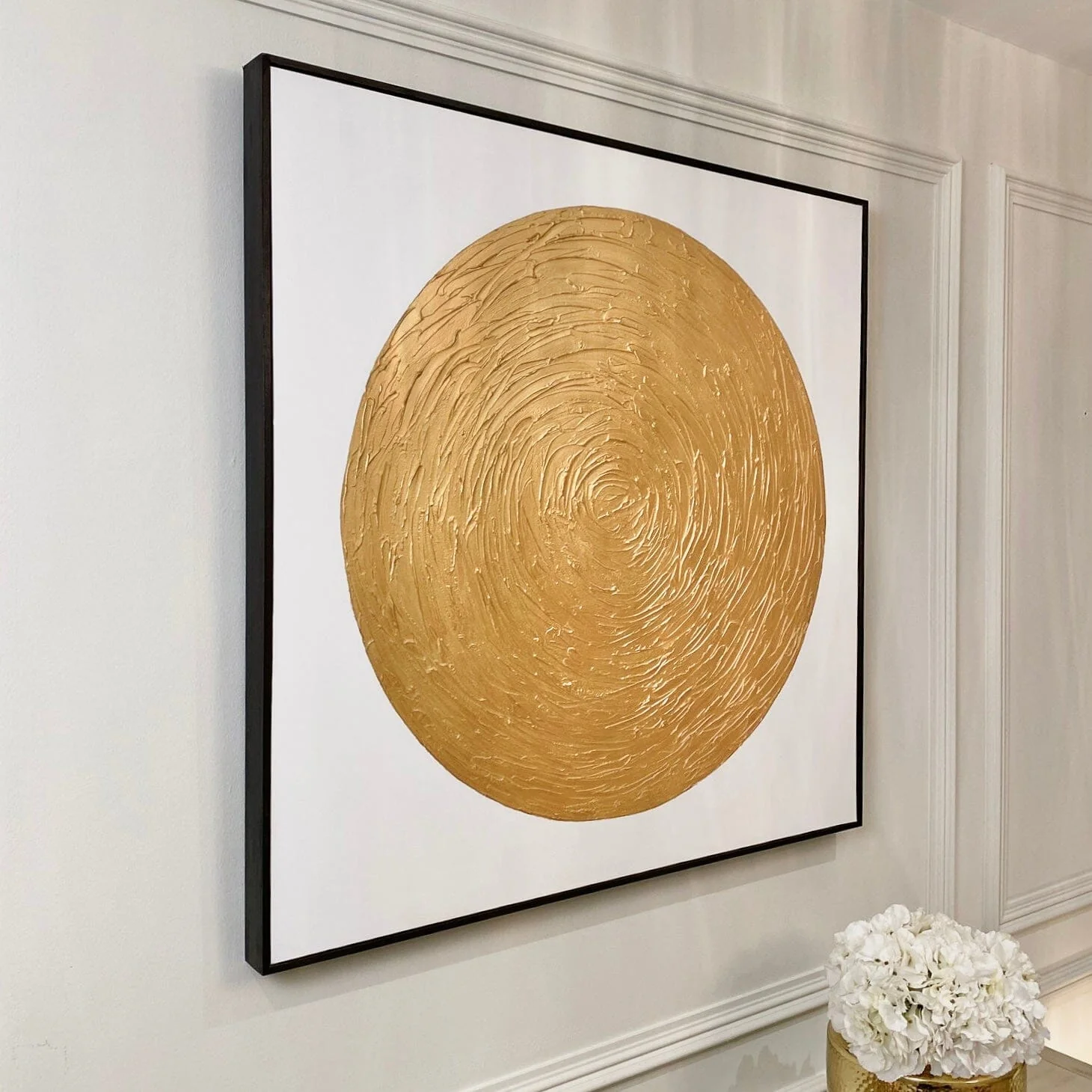 Astratto Gold Textured Circle Canvas Wall Art with Black Frame - Image 2