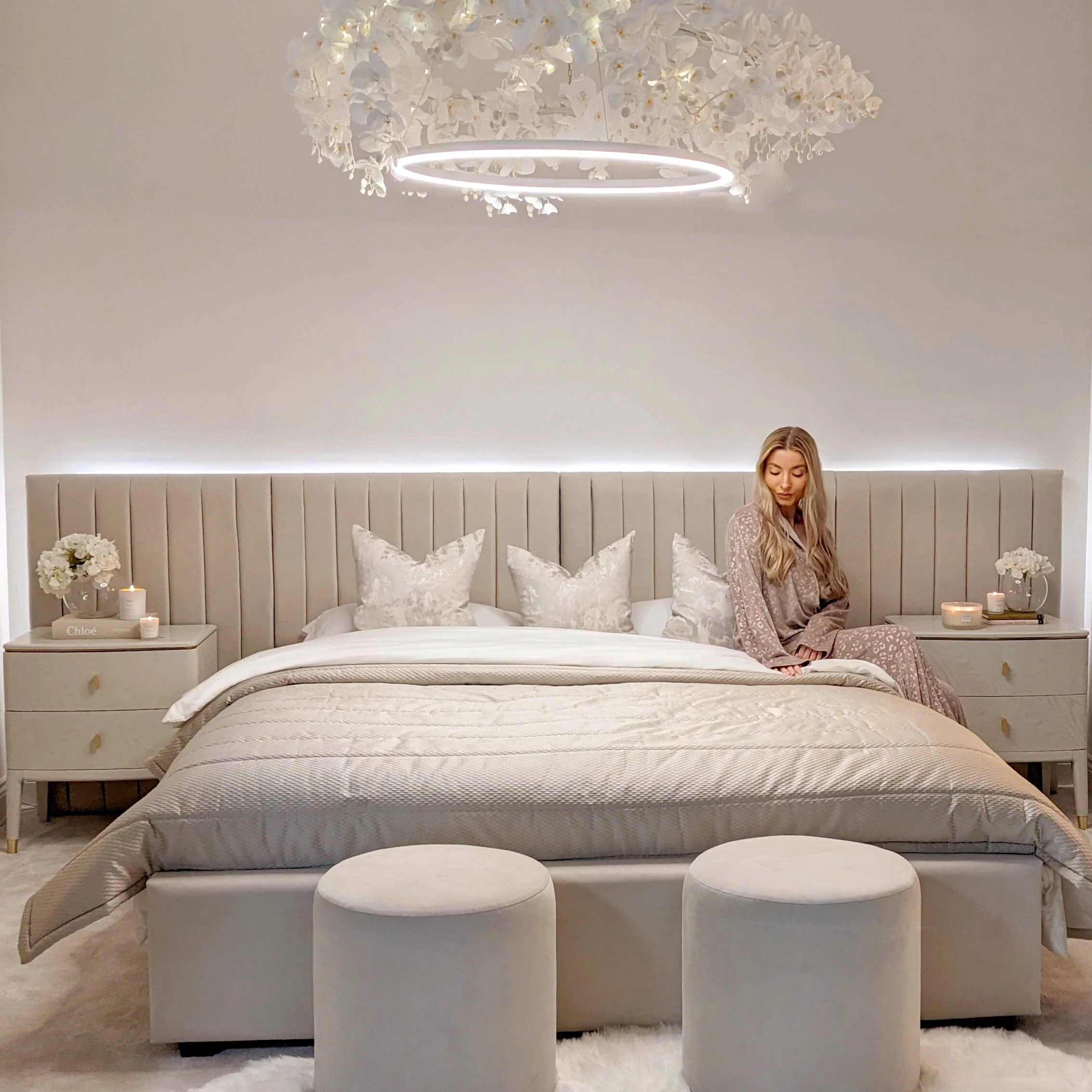 Atlantis Cream Wide Floor Standing Headboard with Bed Base - Image 2