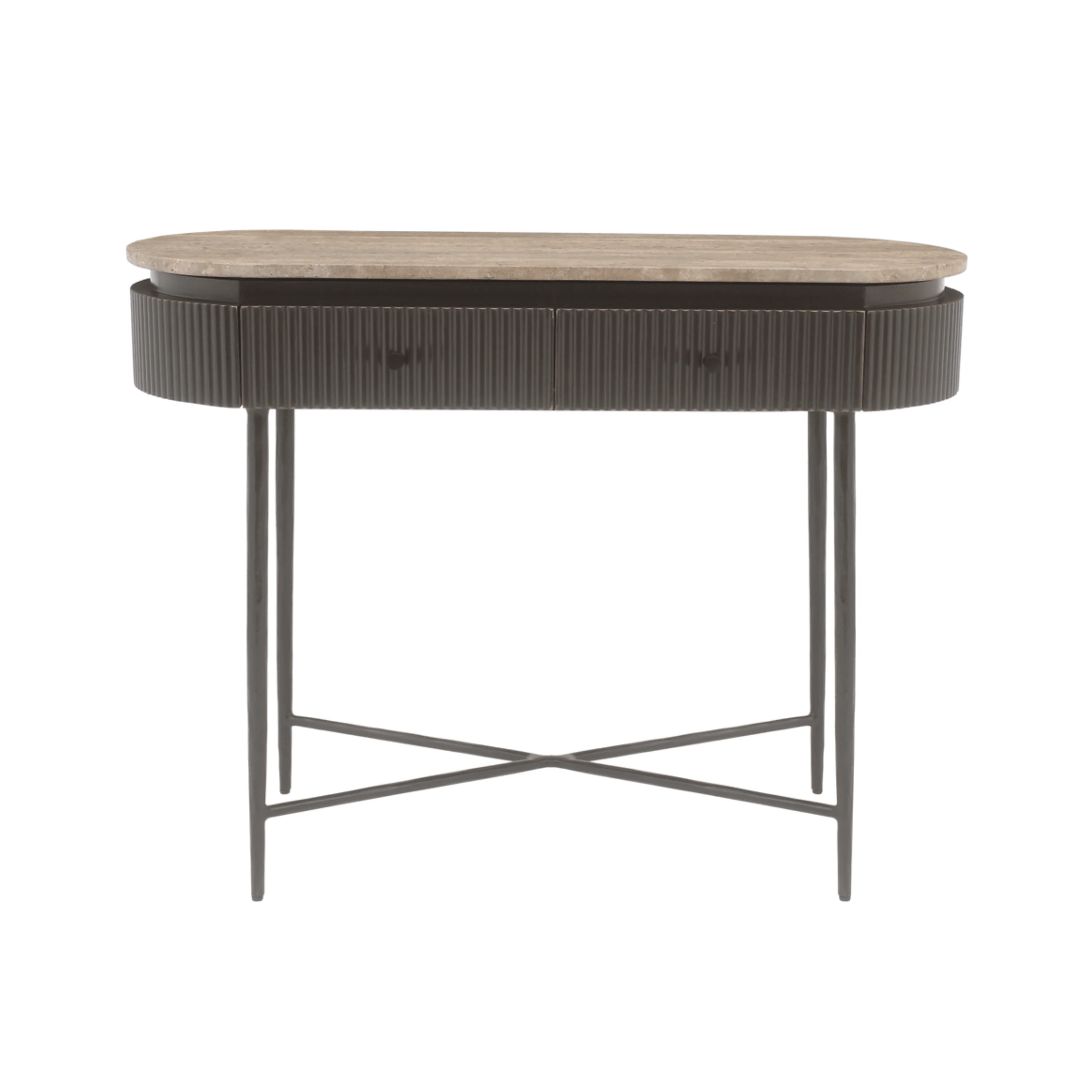 Aya Brown Ribbed Console Table with Travertine Top - Image 3