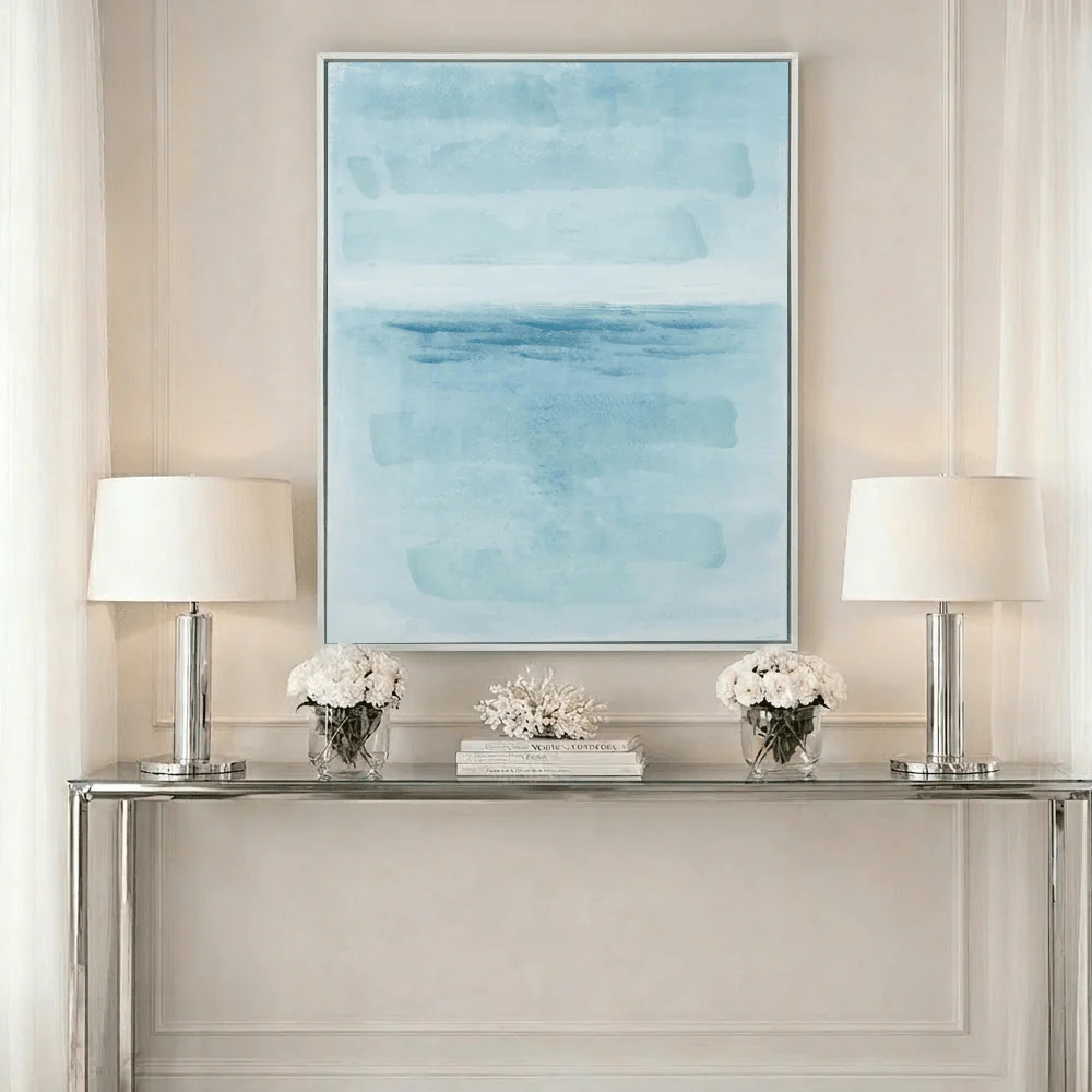 Azure Blue Abstract Canvas with White Frame