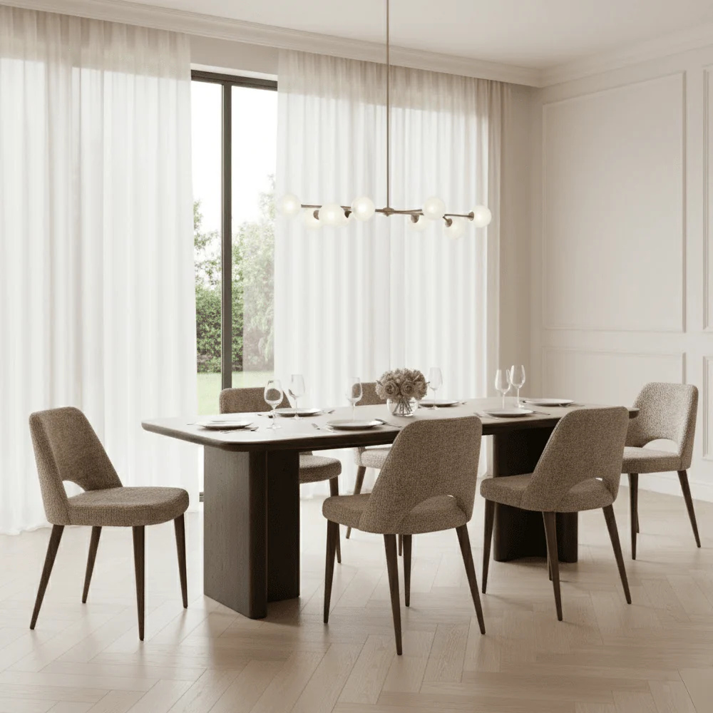 Balerno Deep Brown Wooden Dining Table with Travertine Top