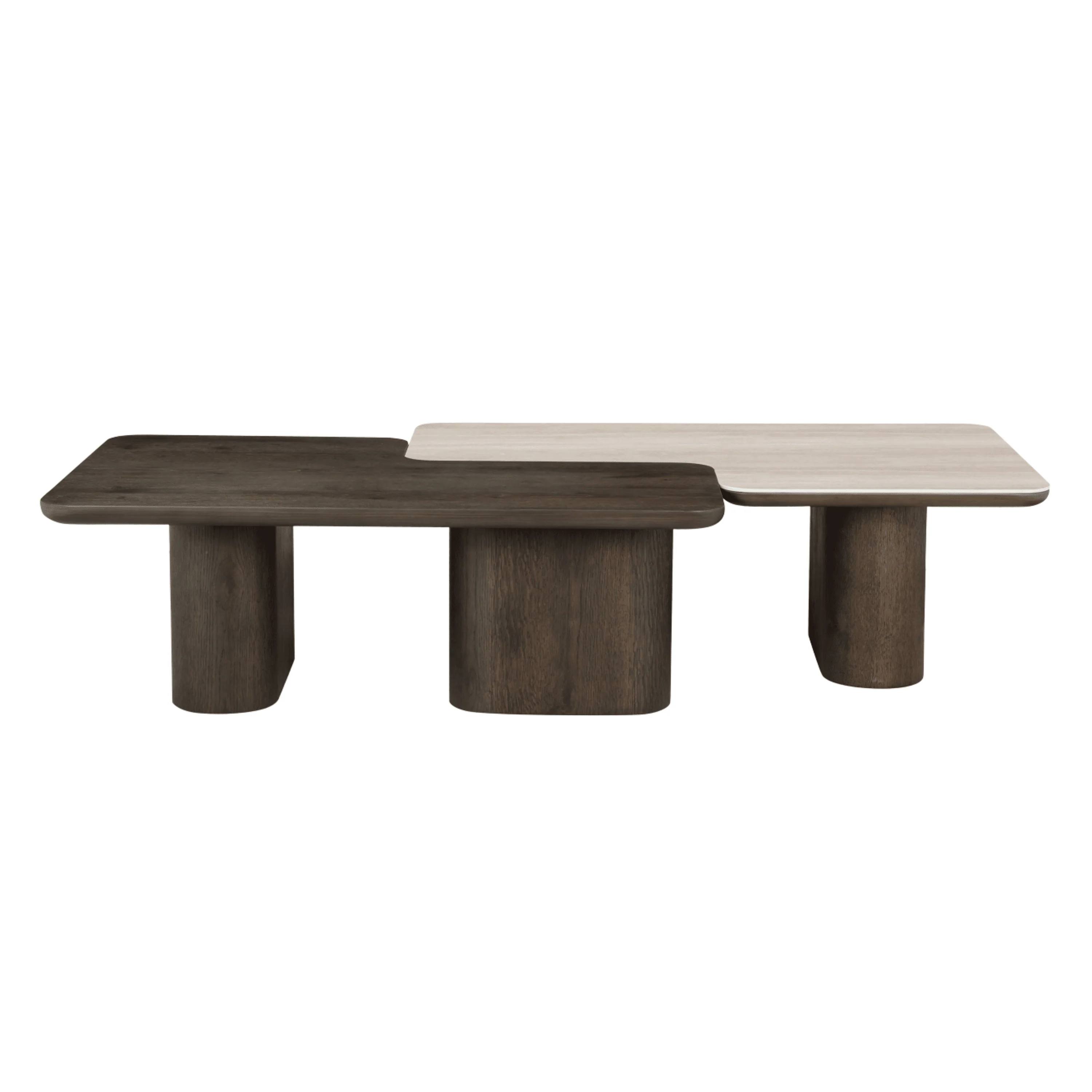 Balerno Deep Brown Wooden & Travertine Contrast Coffee Tables - Set of 2 - Image 2