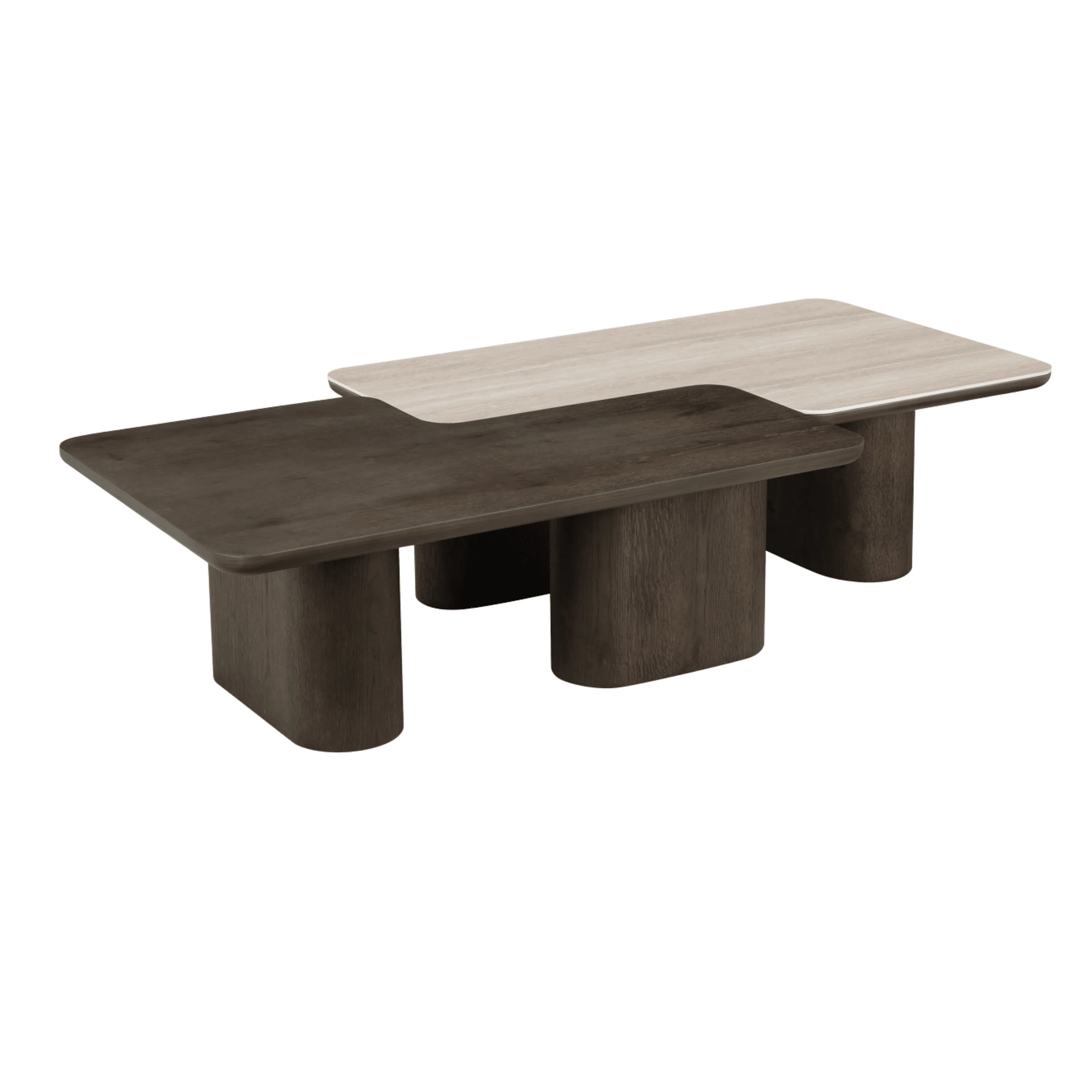 Balerno Deep Brown Wooden & Travertine Contrast Coffee Tables - Set of 2 - Image 3