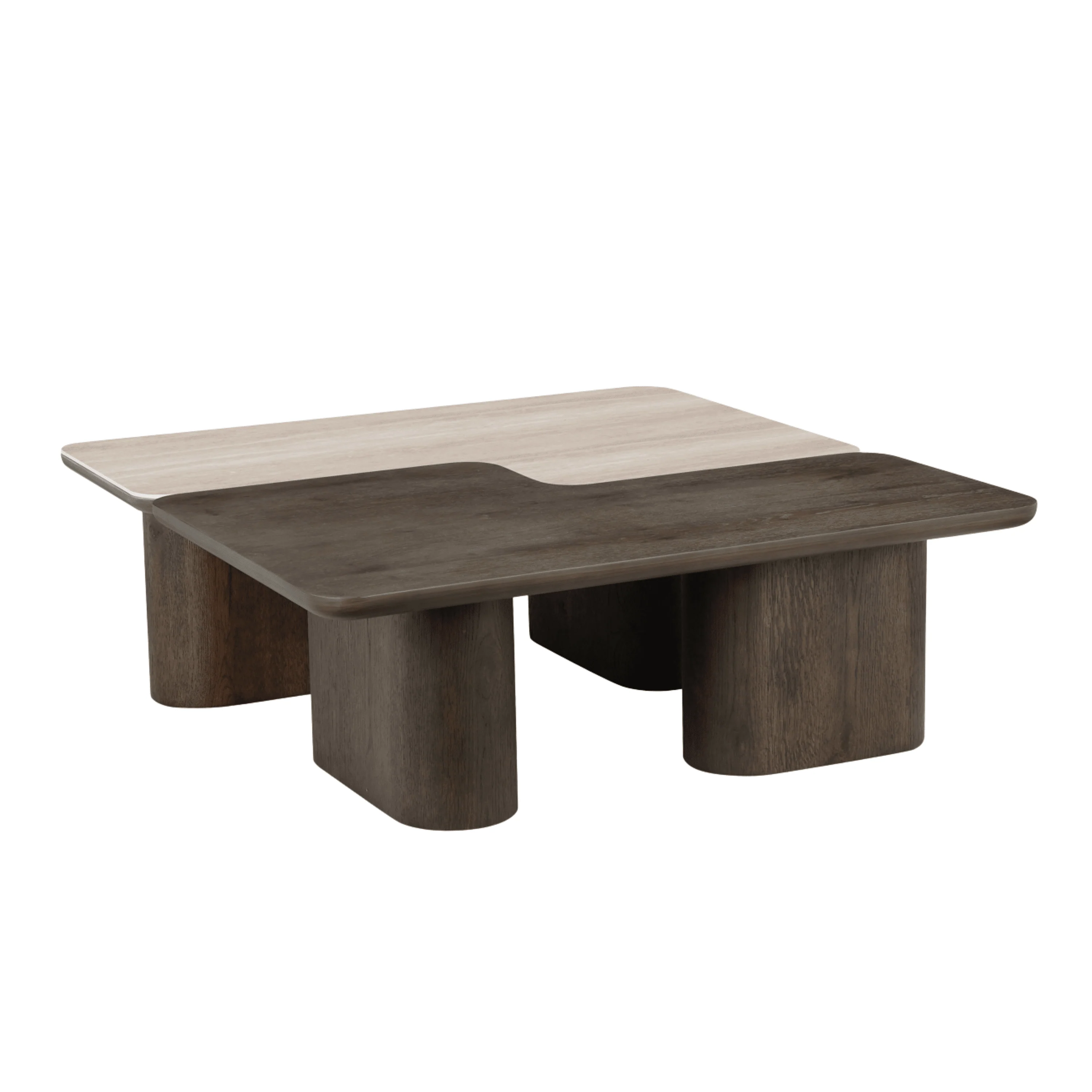 Balerno Deep Brown Wooden & Travertine Contrast Coffee Tables - Set of 2 - Image 4