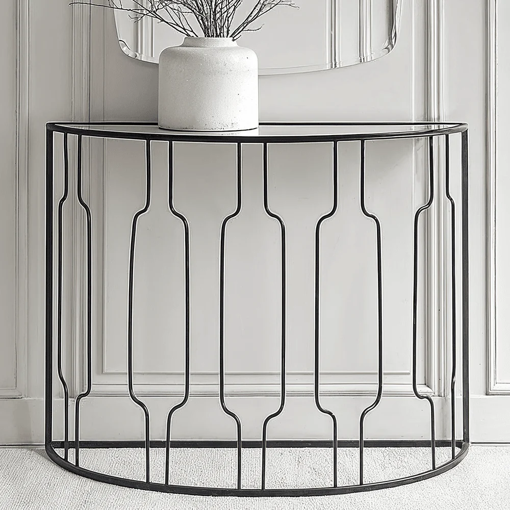 Lorenza Black Metal Half Moon Console Table with Mirrored Top