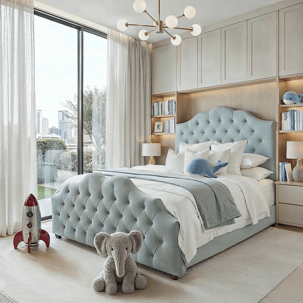 Belvoir Blue Velvet Luxury Curved Velvet Bed