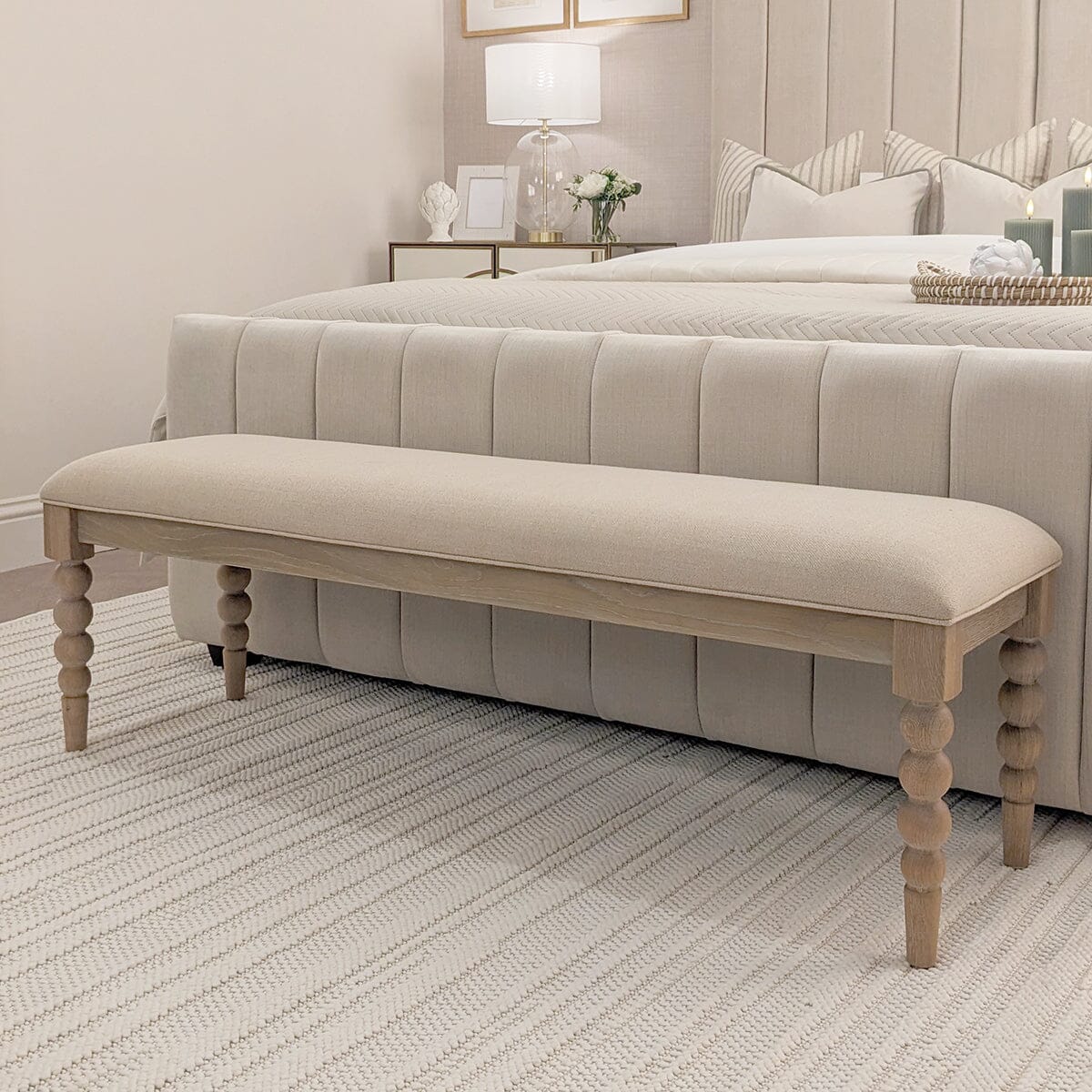 Blenheim Linen Fabric Top Bench with Oak Legs - Image 2