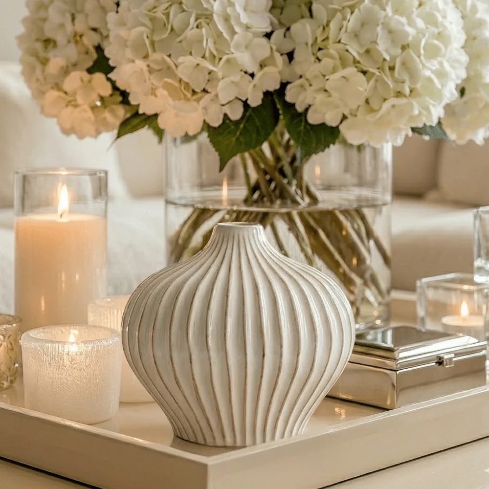 Bloombury Cream Ribbed Ceramic Vase