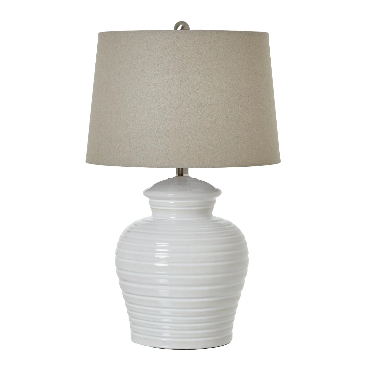 Burford Ceramic White Table Lamp with Taupe Linen Shade - Image 2