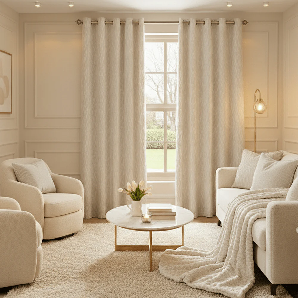 Calypso Ivory Velvet Patterned Eyelet Curtain Pair