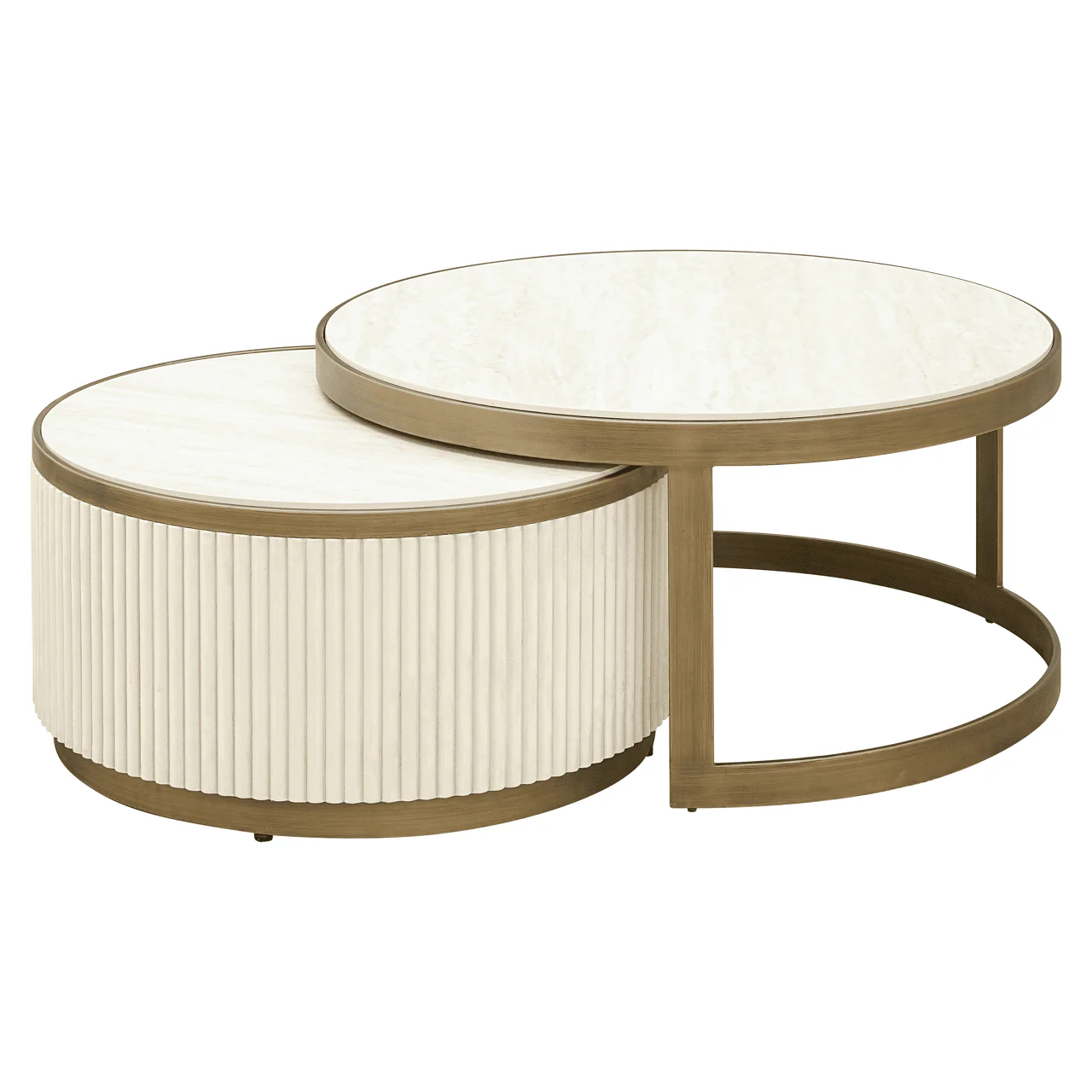 Camille Luxury Cream & Gold Ribbed Nested Coffee Tables with Ceramic Marble Top - Image 2