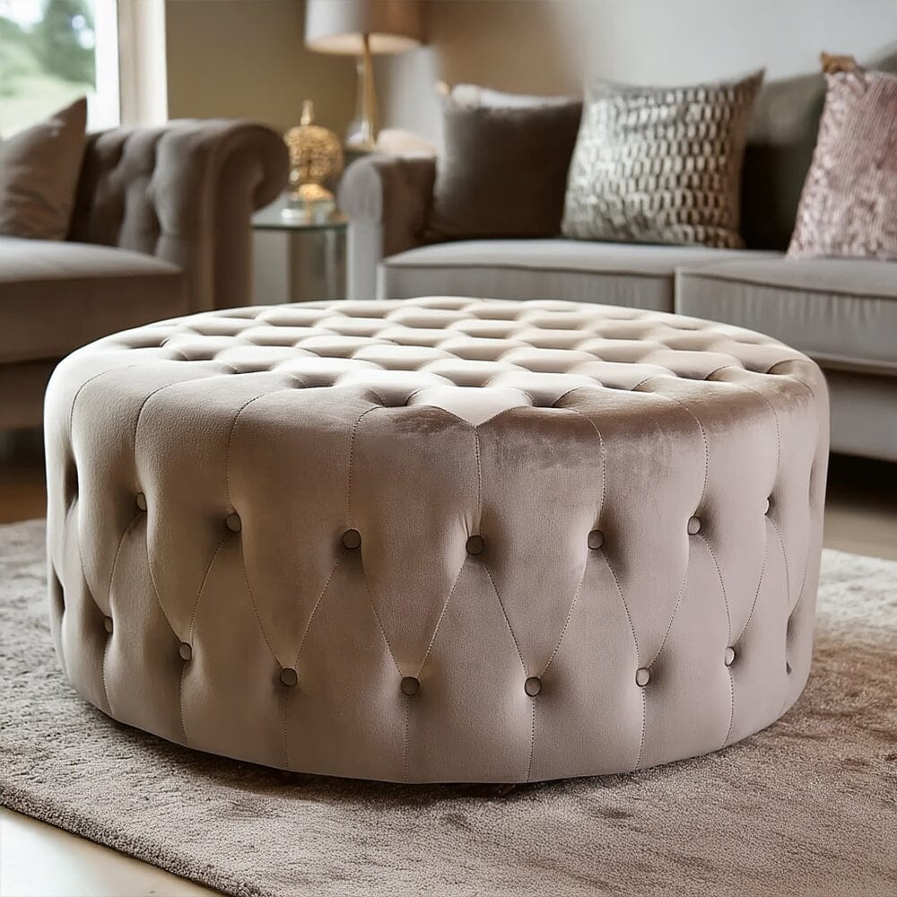 Cetona Taupe Velvet Buttoned Round Footstool