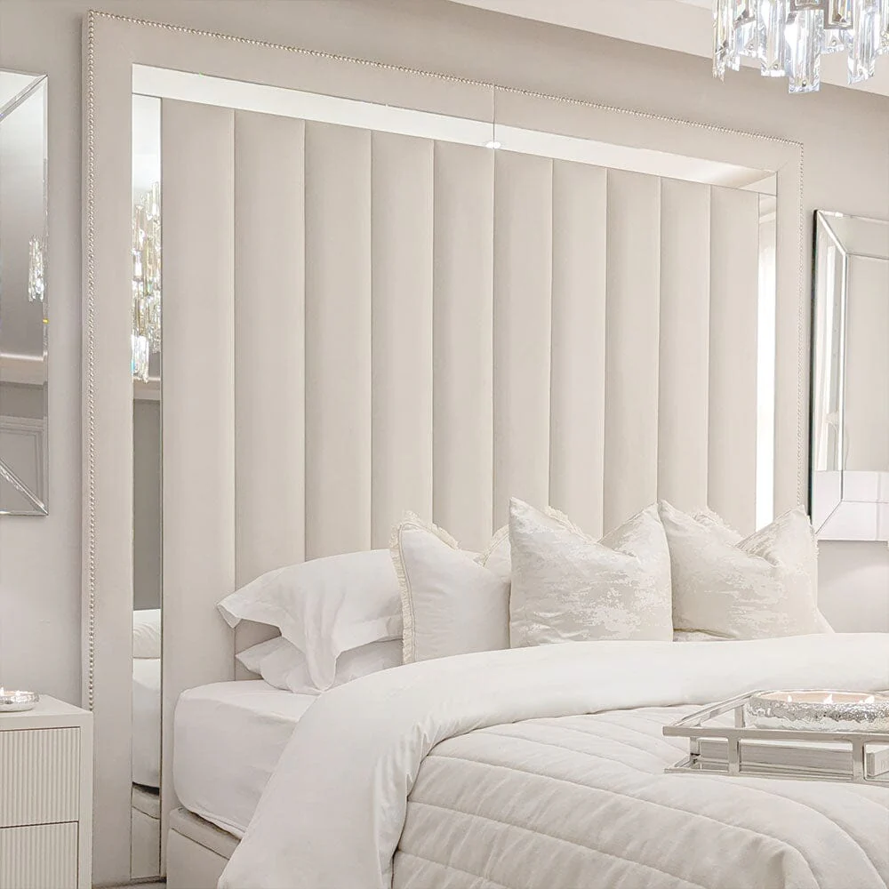 Chelsea Cream Velvet Mirrored Studded Premium Channelled Headboard