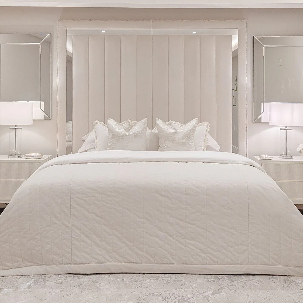 Chelsea Cream Velvet Mirrored Studded Premium Channelled Headboard - Image 2