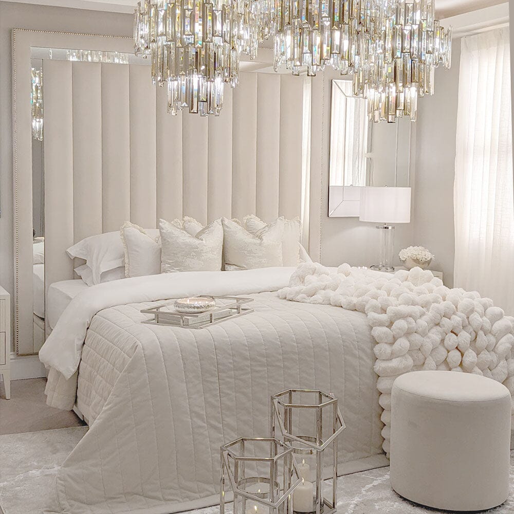 Chelsea Cream Velvet Mirrored Studded Premium Channelled Headboard - Image 3
