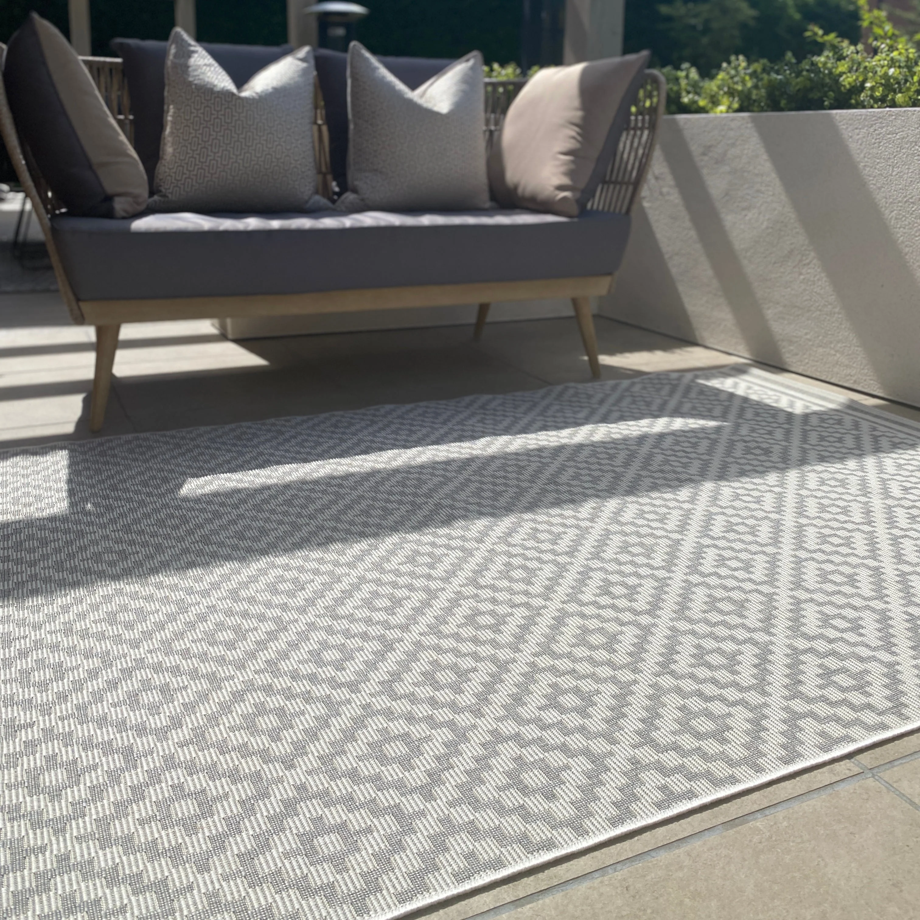 Cheshire Grey & White Diamond Print Washable Outdoor Rug