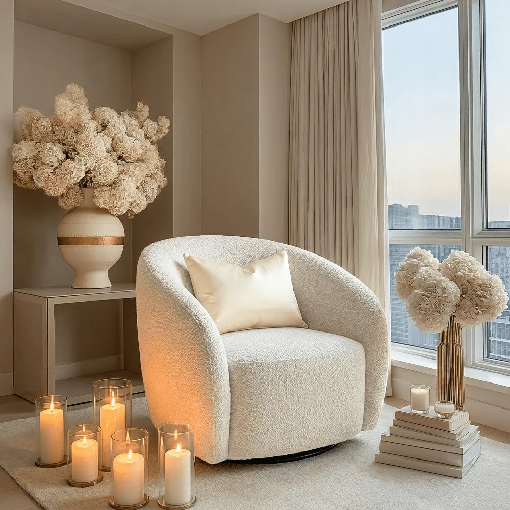Chloe Curved Cream Teddy Boucle Swivel Chair