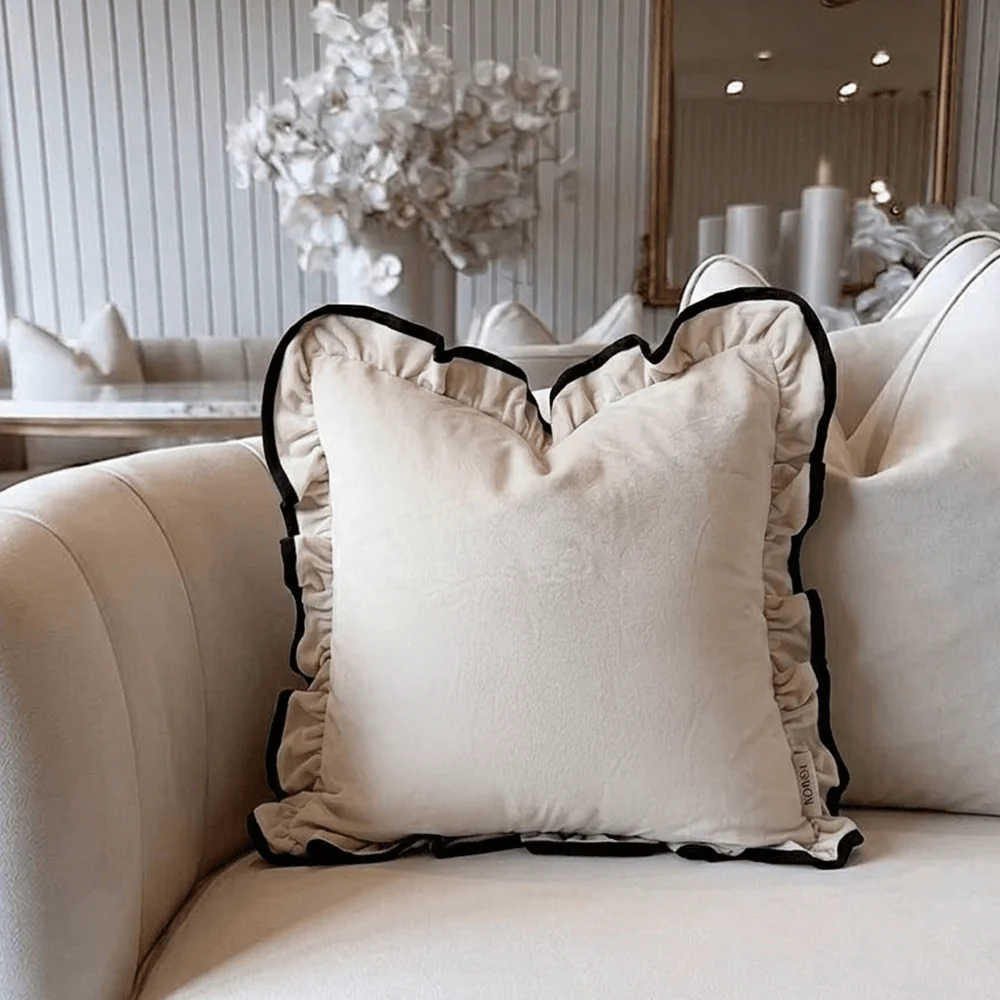 Clairvaux Cream Velvet Frilled Black Trim Cushion- 45x45cm