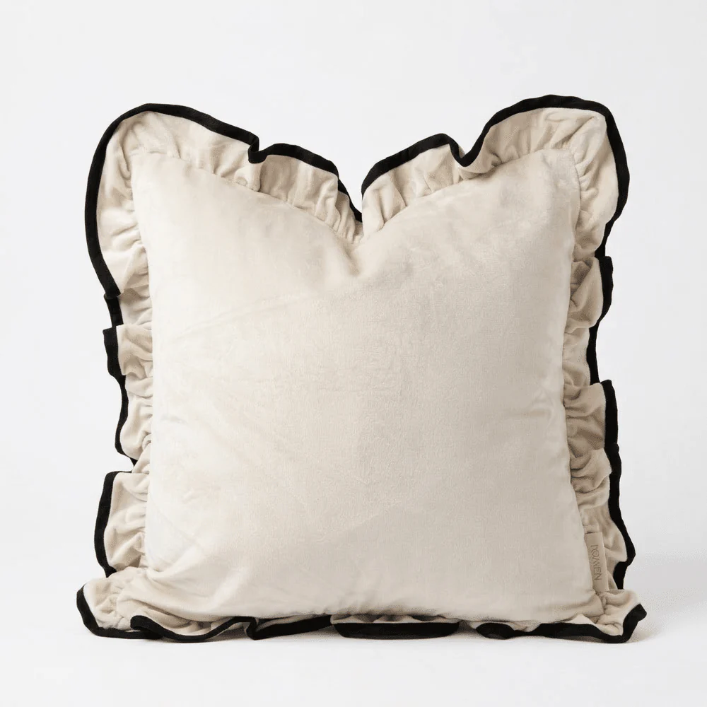 Clairvaux Cream Velvet Frilled Black Trim Cushion- 45x45cm - Image 2