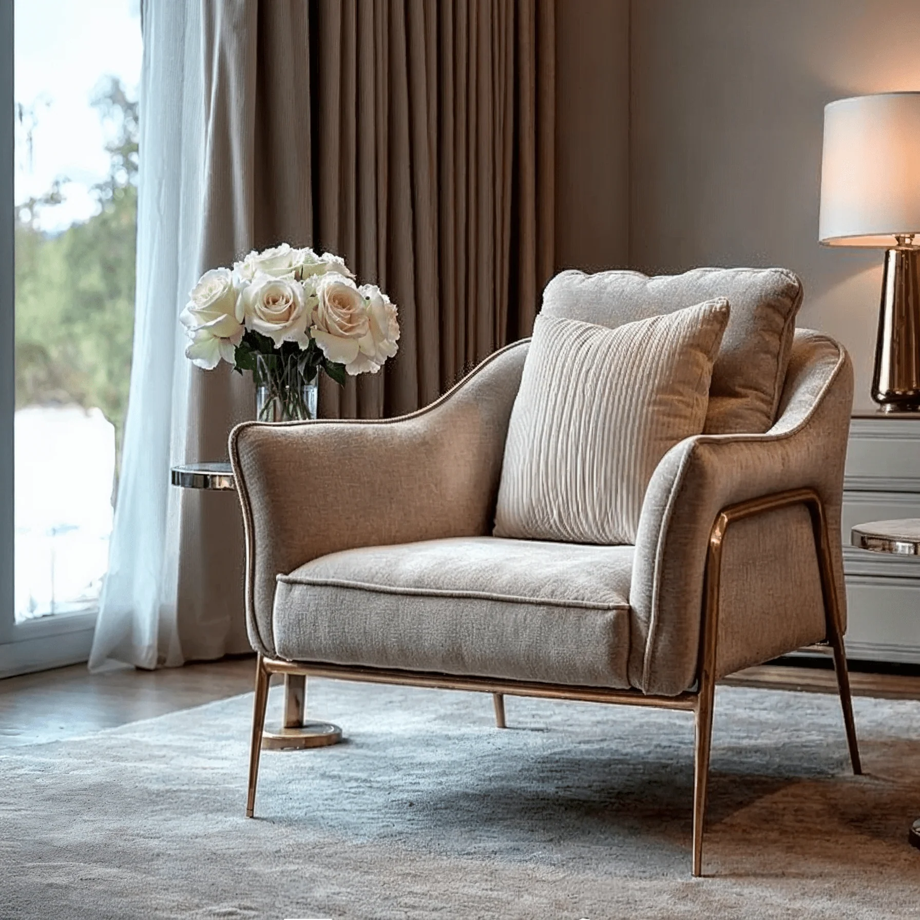 Colmar Mink Lounge Chair with Brushed Brass Legs
