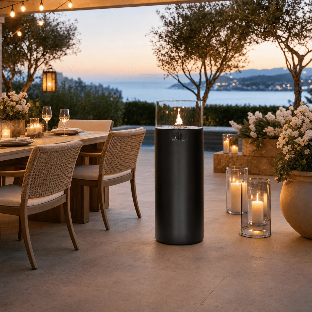 Corfu Black Outdoor Round Gas Pillar Lantern