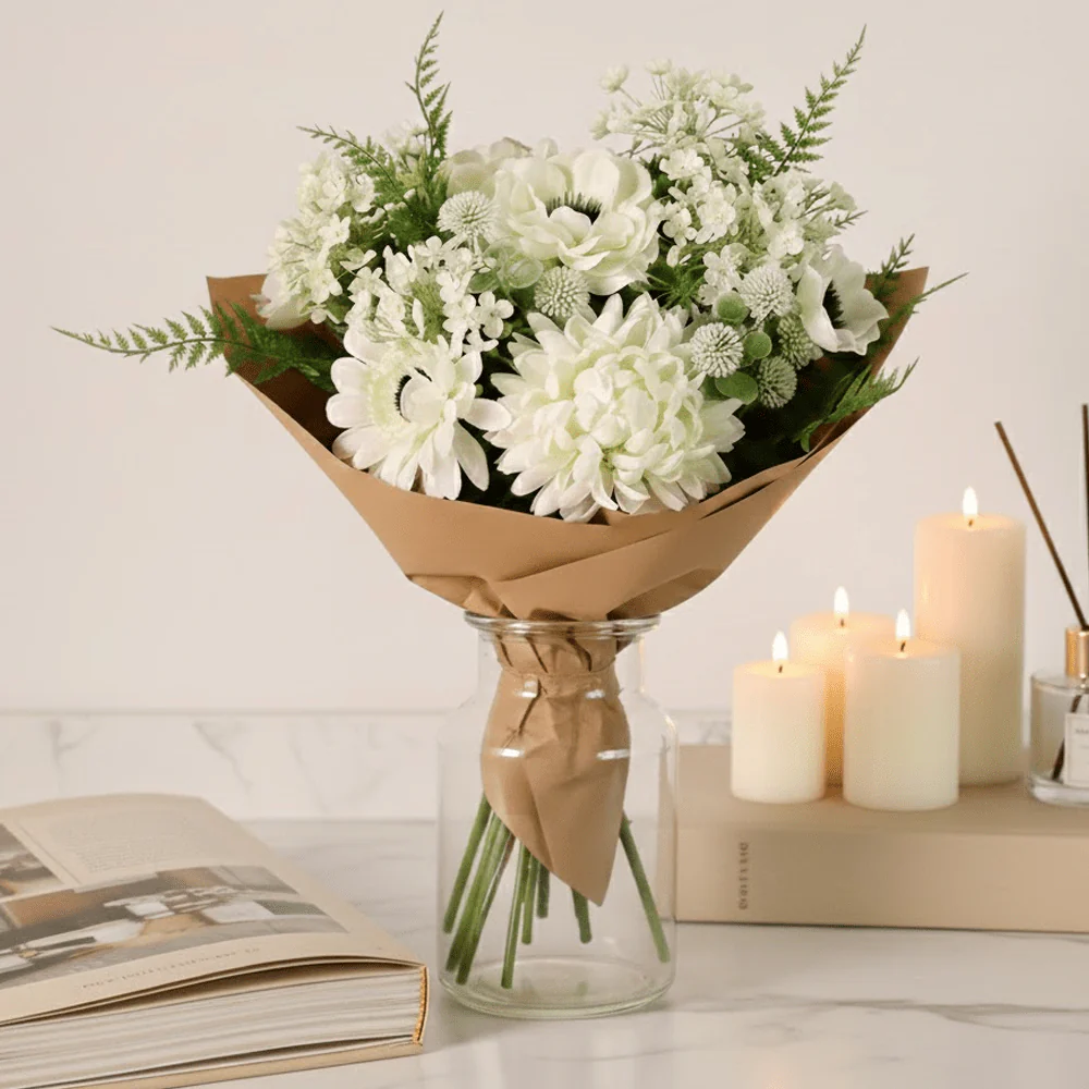 Cream & Green Mixed Faux Floral Bouquet