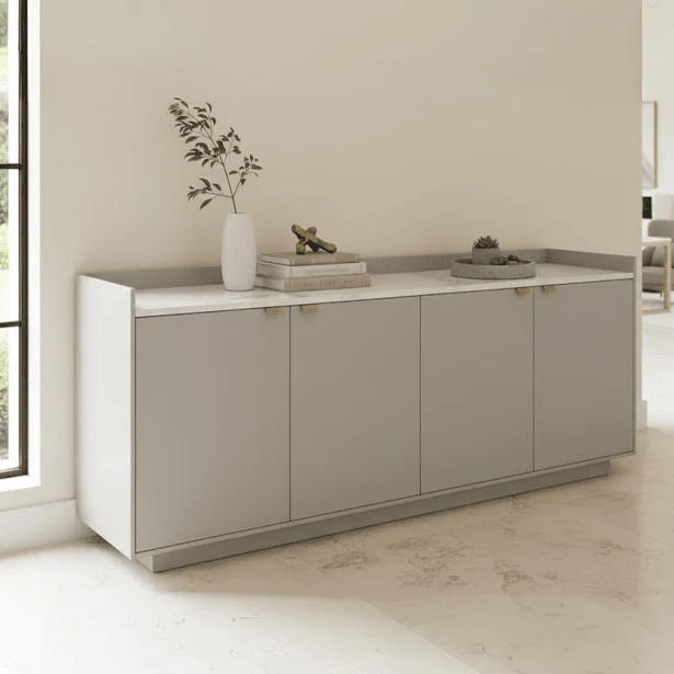 Cyra Luxury Beige Oak 4 Door Sideboard with Marble Top