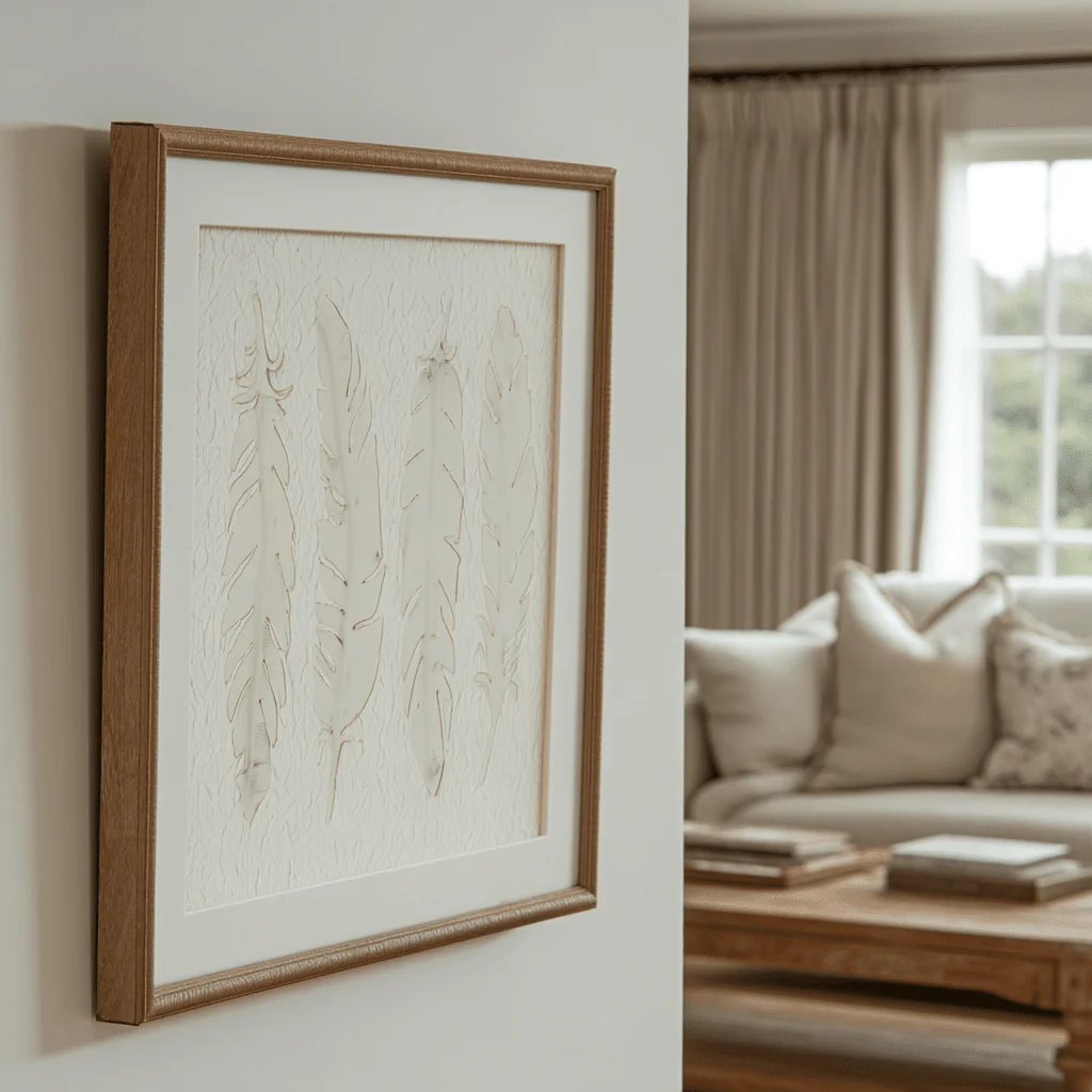 Cyrus Cream Feather Print Wall Art in Wooden Frame