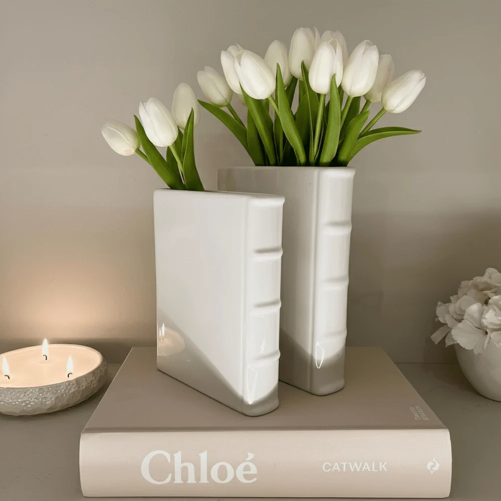 Dahl White Ceramic Book Vases- Set of 2