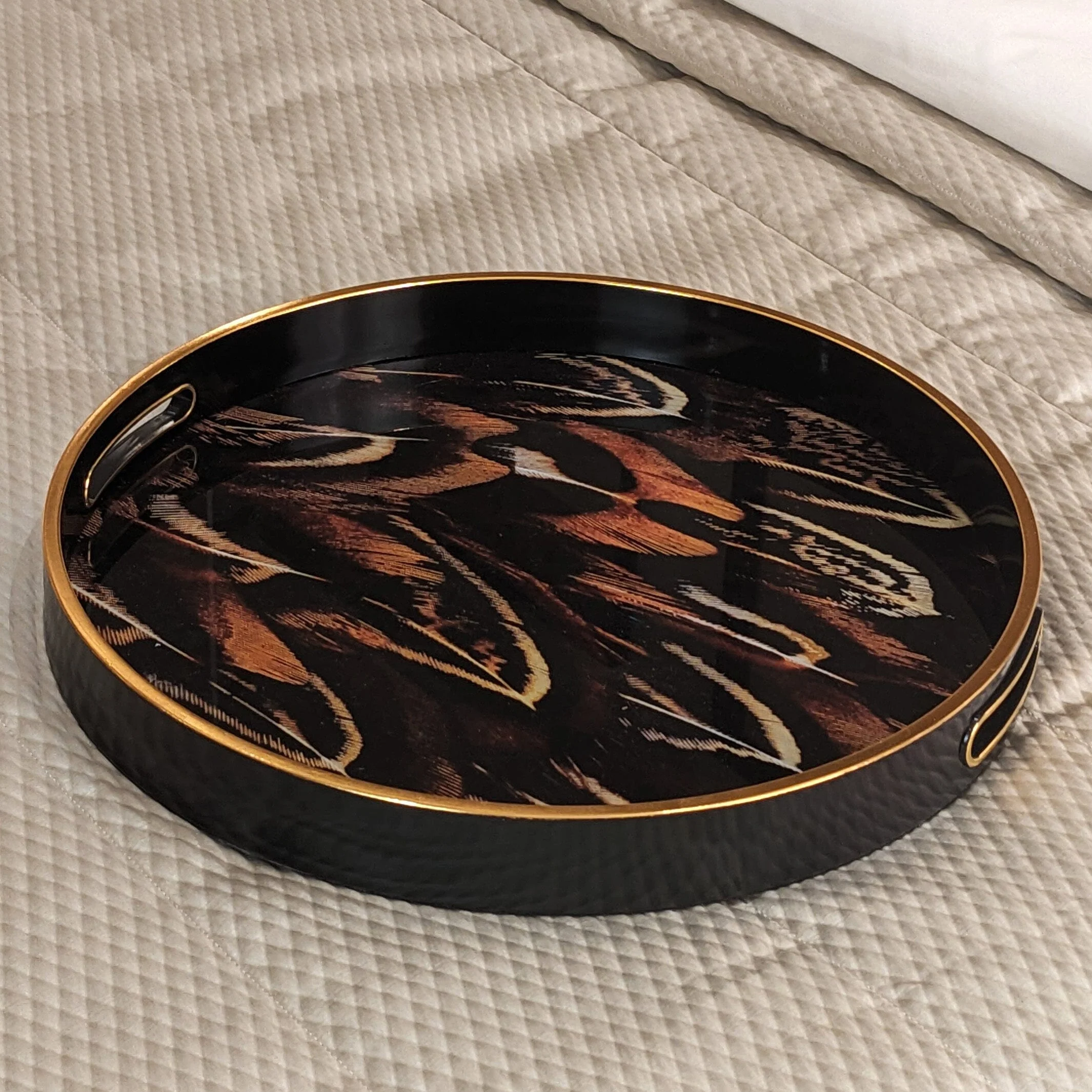 Doppio Black, Gold & Rust Feather Effect Round Decorative Tray - Image 2