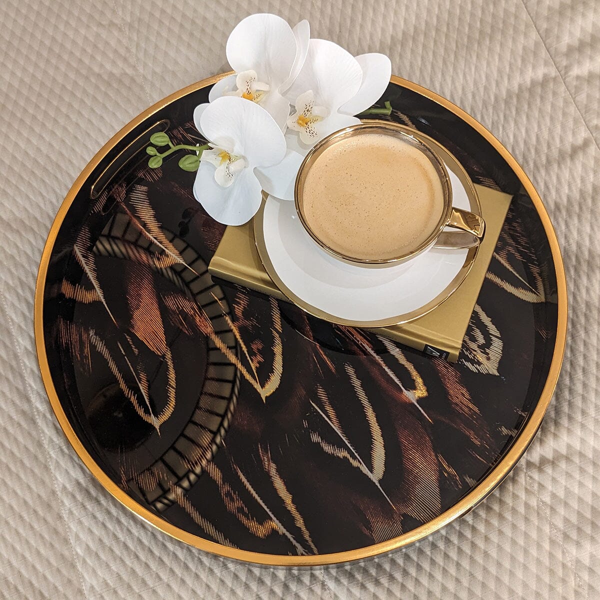 Doppio Black, Gold & Rust Feather Effect Round Decorative Tray - Image 3