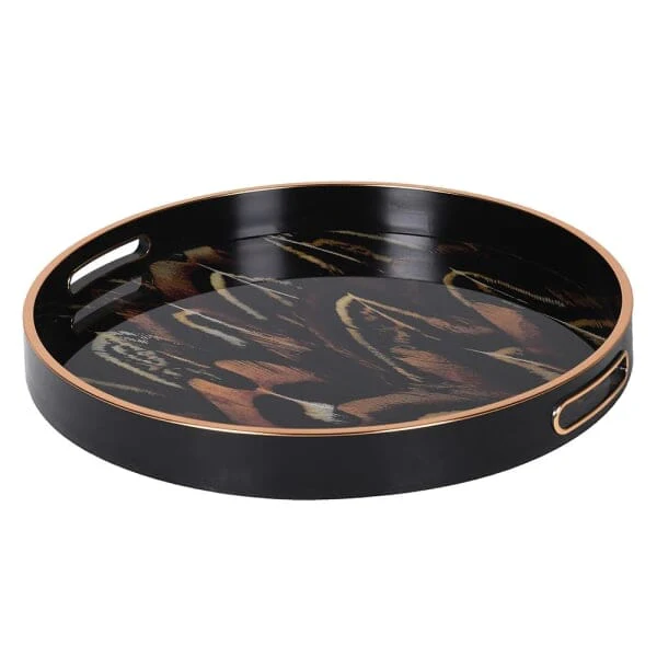 Doppio Black, Gold & Rust Feather Effect Round Decorative Tray - Image 5