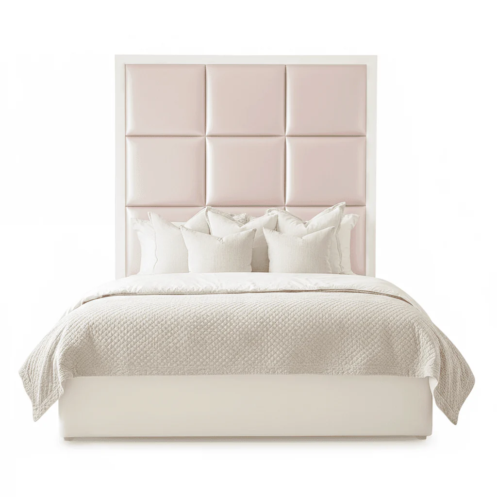 Dream Luxury Pink Satin Squares Headboard with White Wooden Frame - Image 2