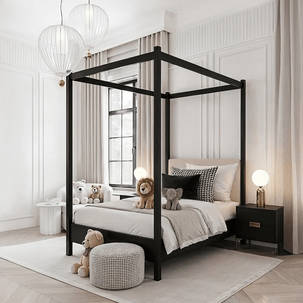 Eden Black 4 Poster Wooden Bed with Cream Velvet Headboard- Single