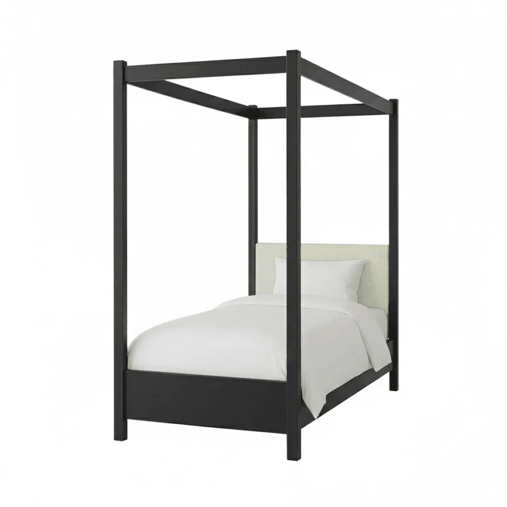 Eden Black 4 Poster Wooden Bed with Cream Velvet Headboard- Single - Image 2