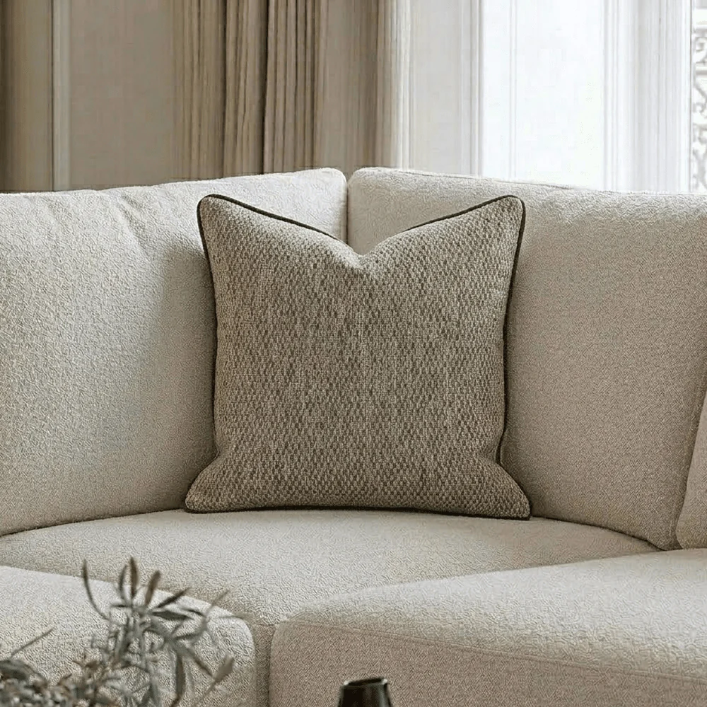 Ekte Neutral Woven Cushion with Chocolate Brown Satin Piping- 56x56cm