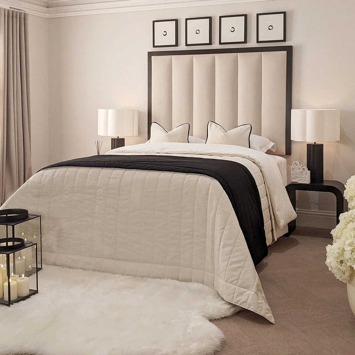 Eleanor Premium Cream Velvet Channelled Headboard with Black Wooden Frame