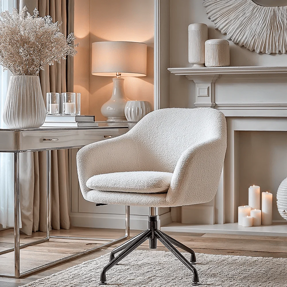 Elias Cream Bouclé Swivel Chair With Black Metal Legs