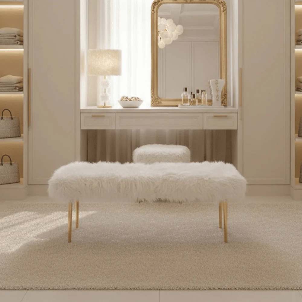 Elinor White Faux Fur Bench with Gold Legs