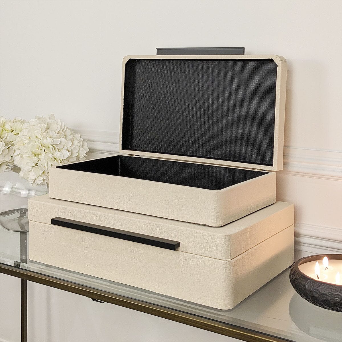 Eliza Luxury Cream Decorative Trinket Boxes with Black Handles - Set of 2 - Image 2